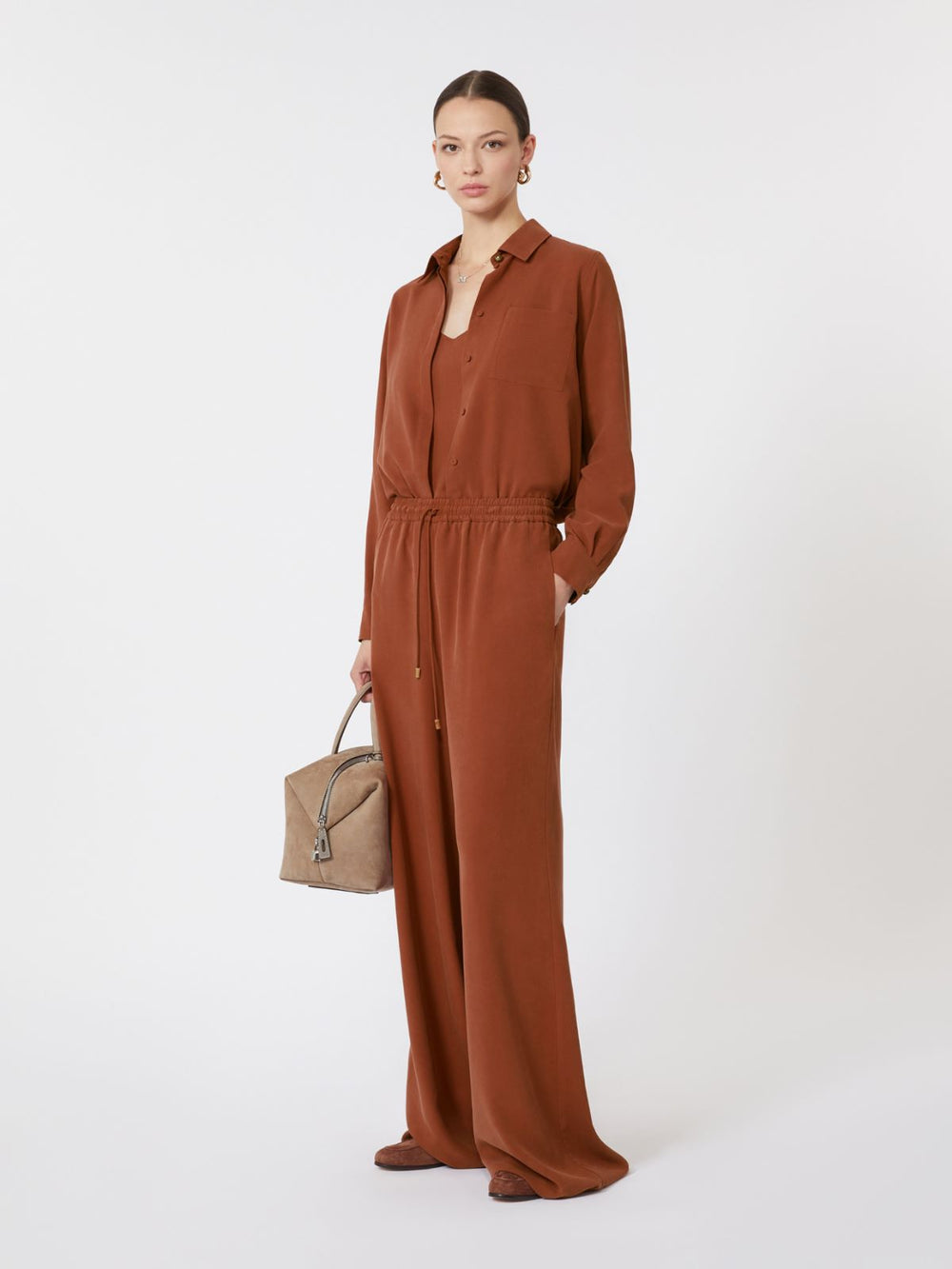 Wide-fit washed silk trousers - Terra cotta