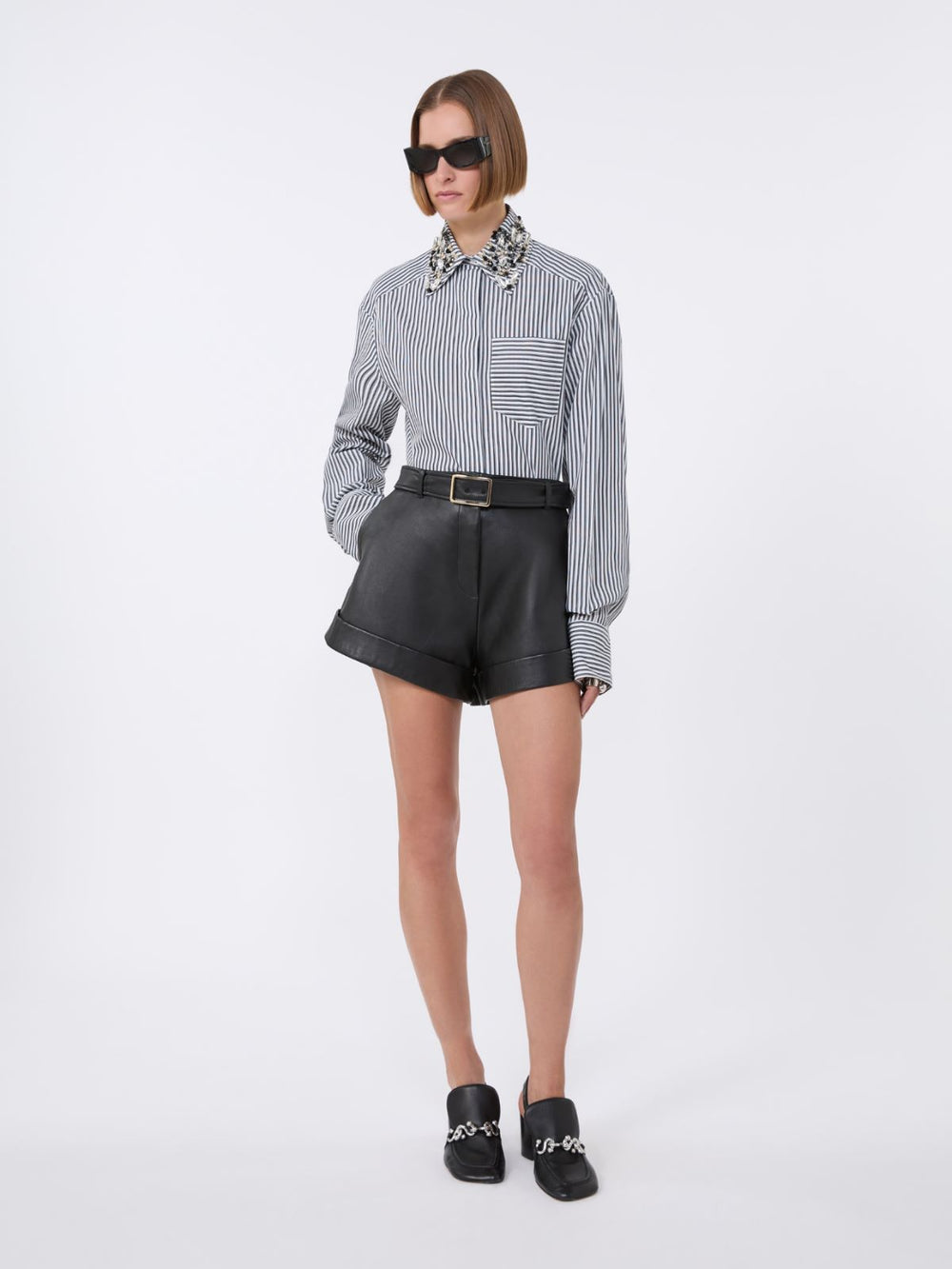 Striped poplin cropped shirt - Black