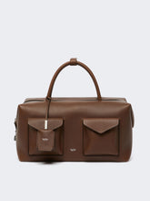 Large leather Boston bag with pockets - Brown