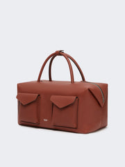 Large leather Boston bag with pockets - Rust
