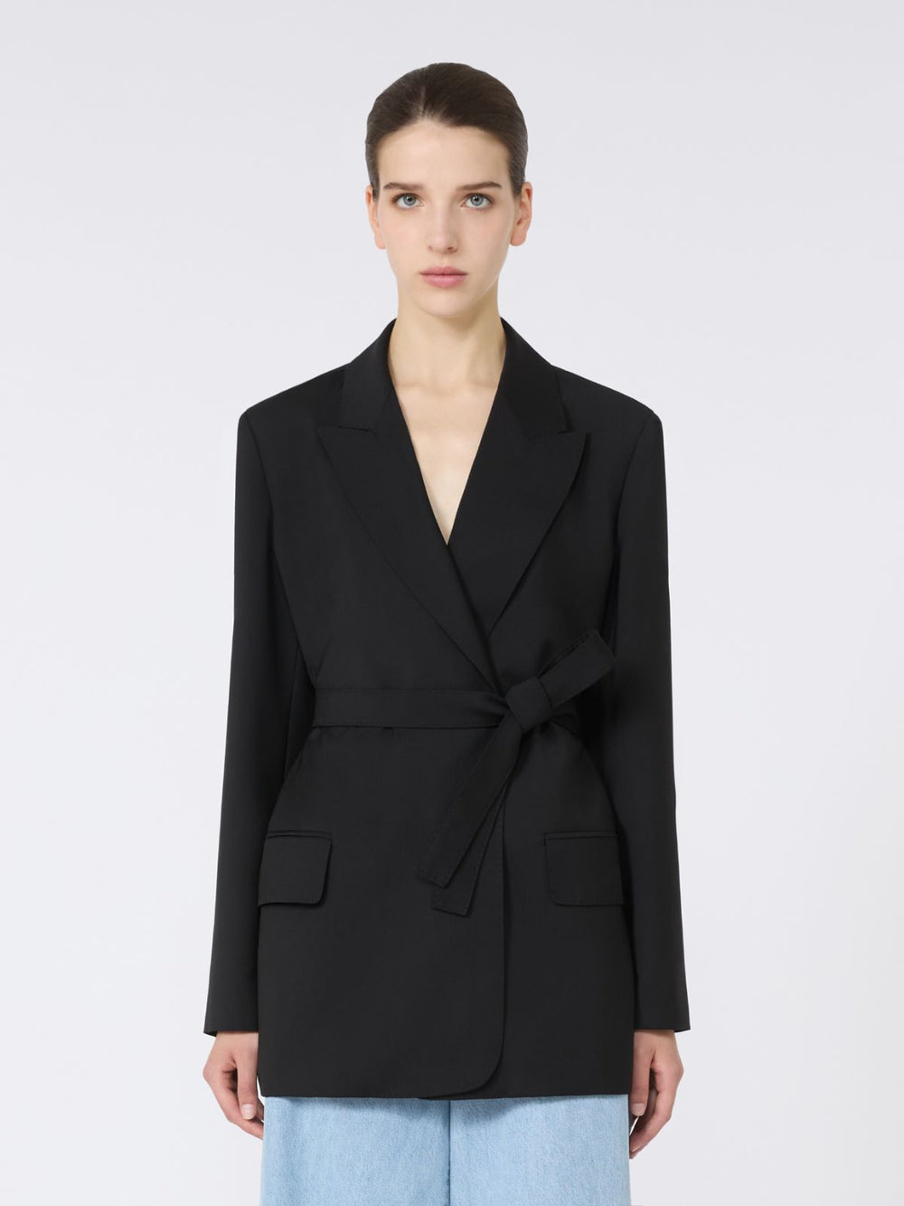 Belted woollen cloth blazer - Black