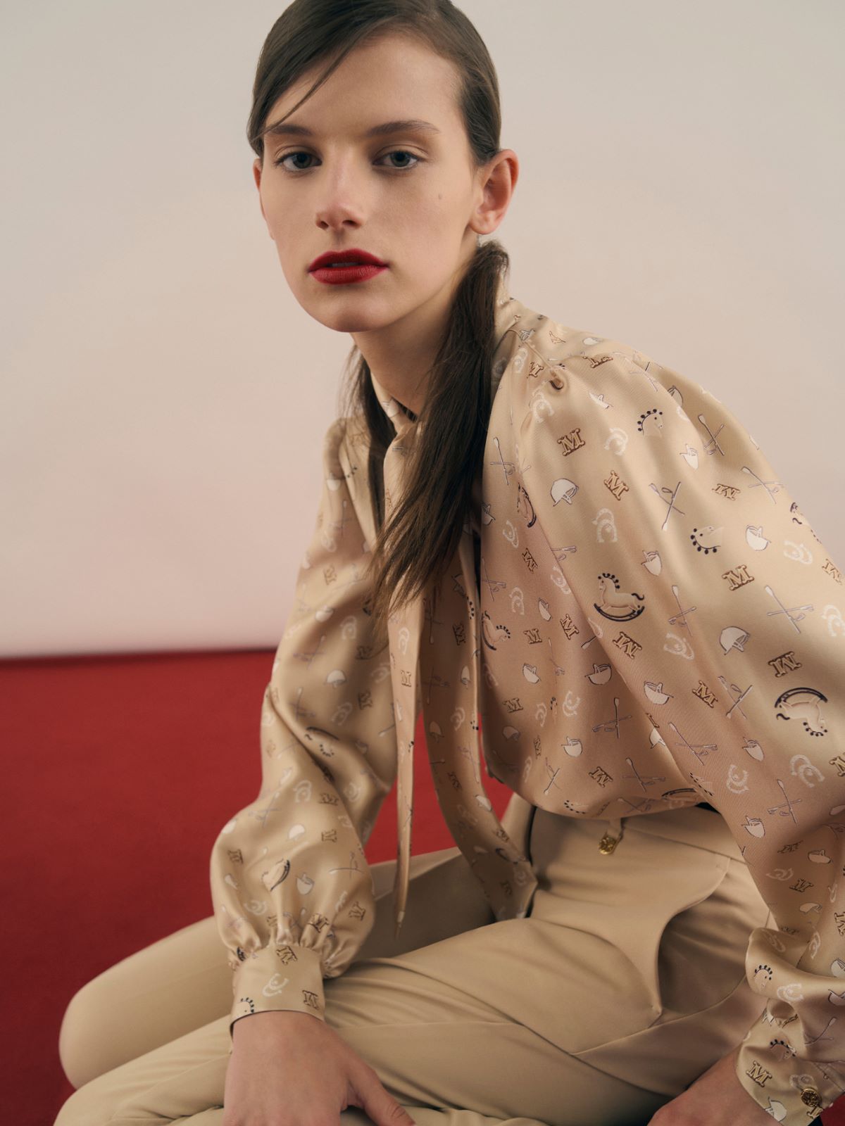 Printed silk pussy-bow shirt - Albino