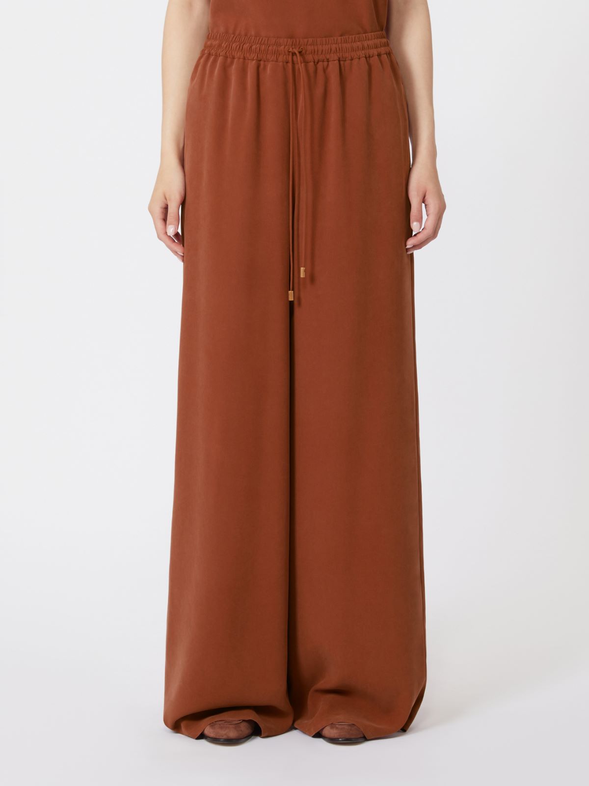Wide-fit washed silk trousers - Terra cotta