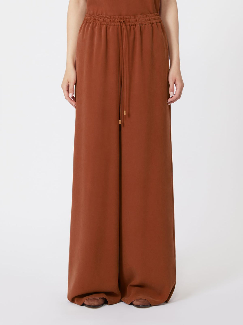 Wide-fit washed silk trousers - Terra cotta