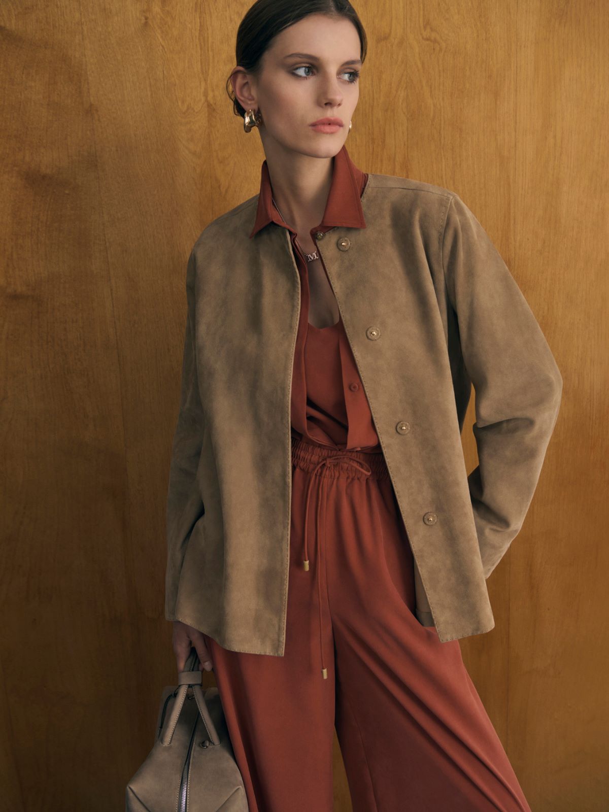 Wide-fit washed silk trousers - Terra cotta