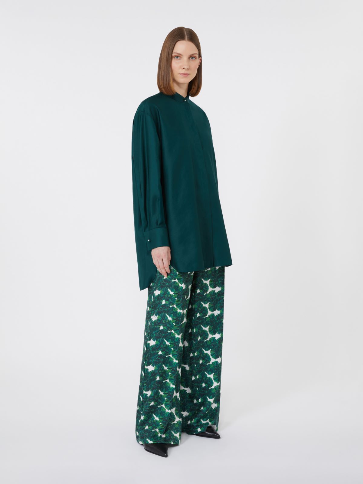 Oversized cotton satin shirt - Dark green