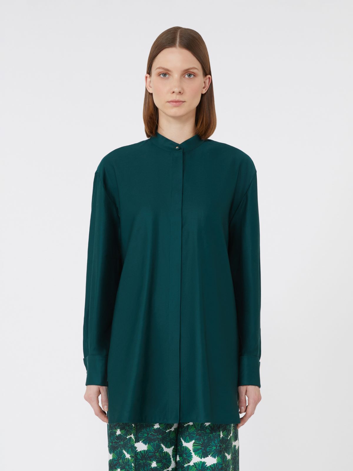 Oversized cotton satin shirt - Dark green
