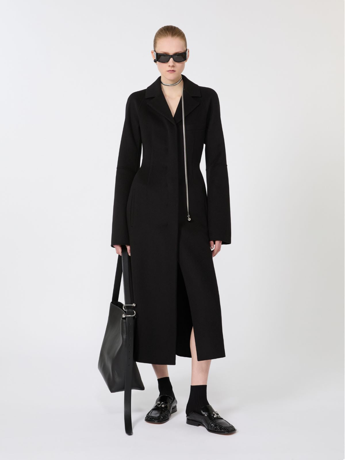 Slim-fit long wool coat - Black