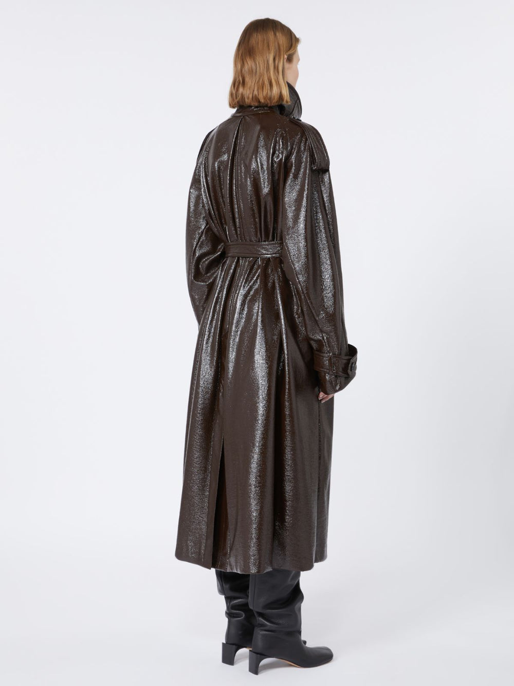 Long trench coat with patent leather effect - RUNWAY - Coffee