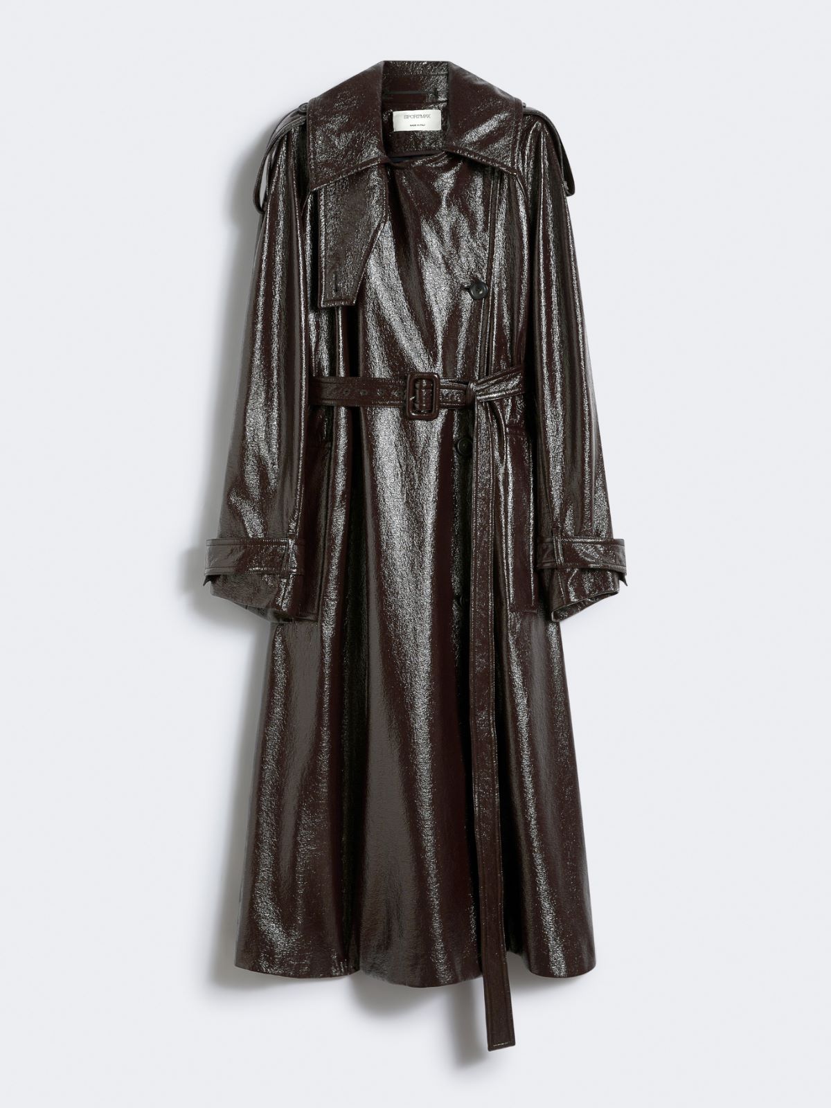 Long trench coat with patent leather effect - RUNWAY - Coffee