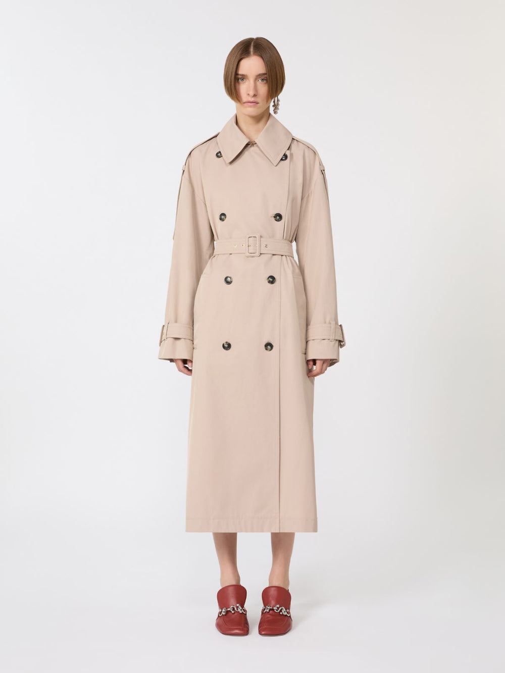 Long water-repellent twill trench coat - Beige