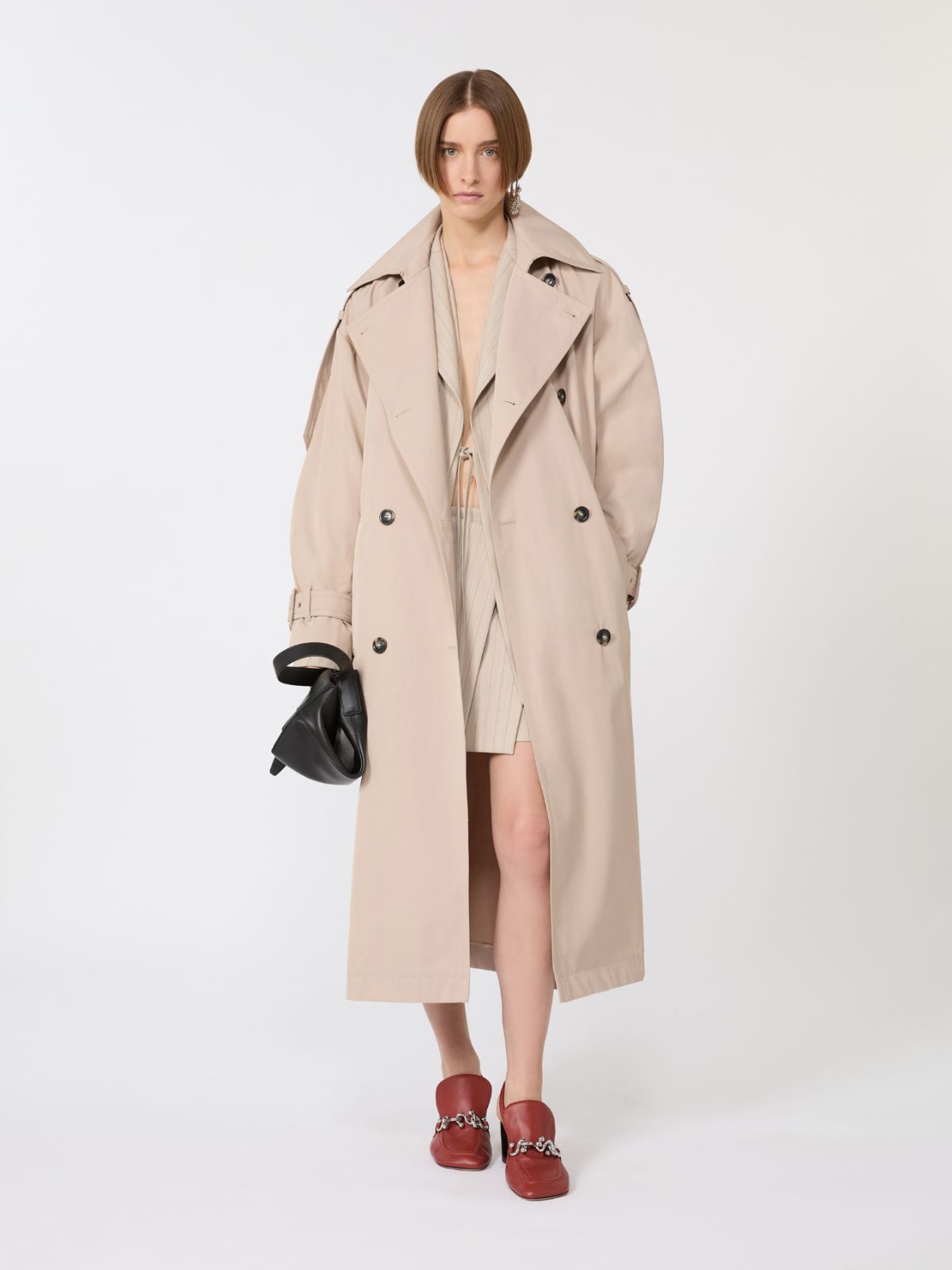 Long water-repellent twill trench coat - Beige