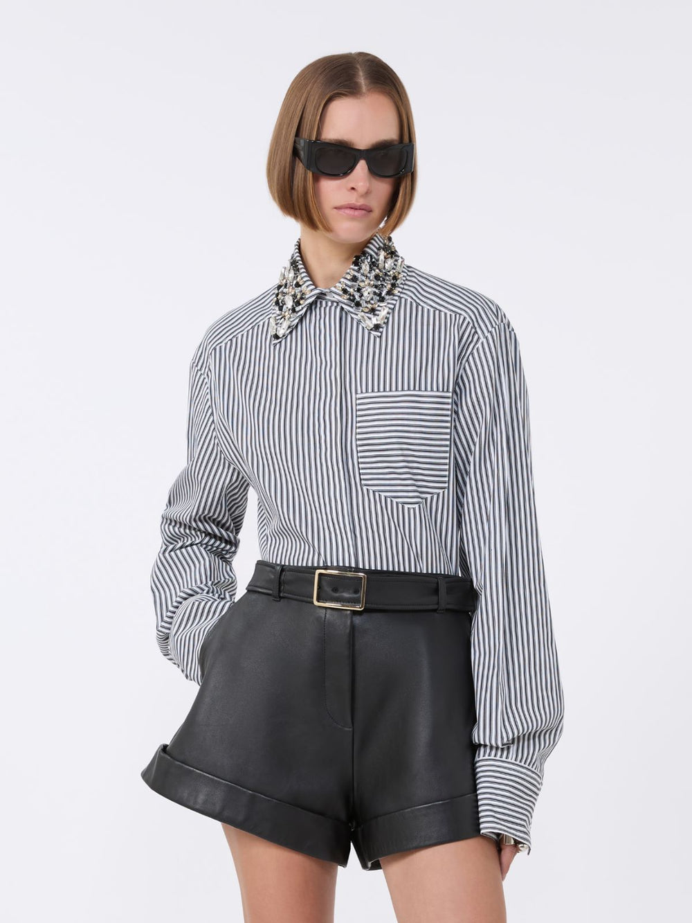 Striped poplin cropped shirt - Black