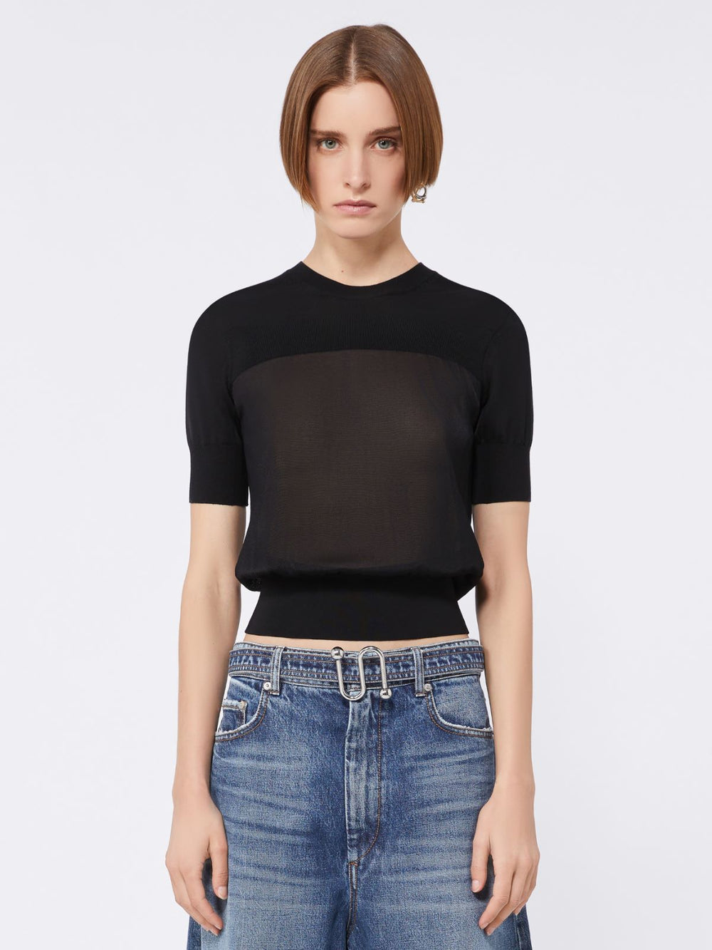 Bi-material short-sleeved jumper - Black