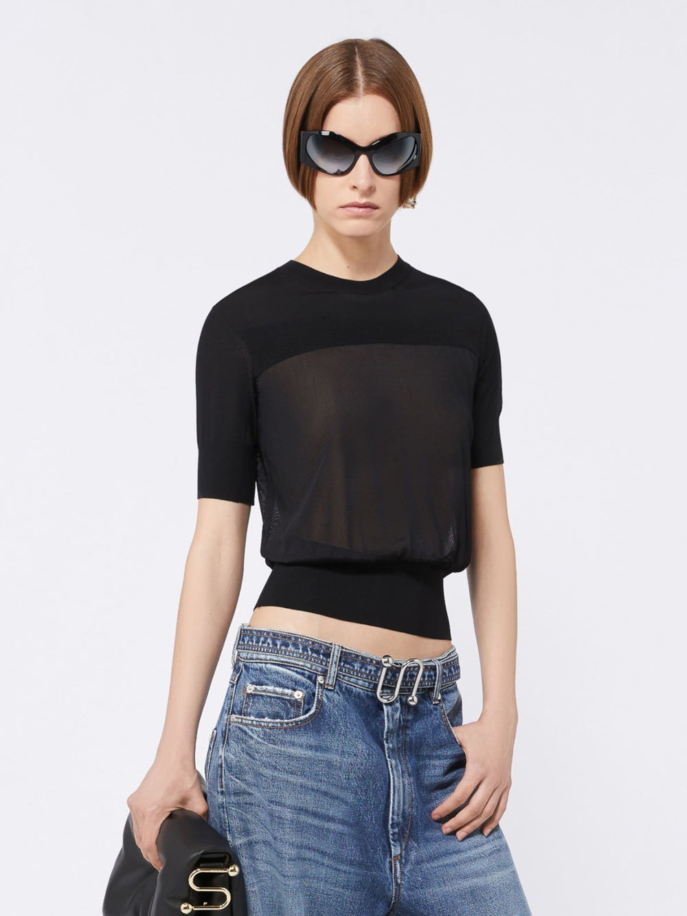Bi-material short-sleeved jumper - Black