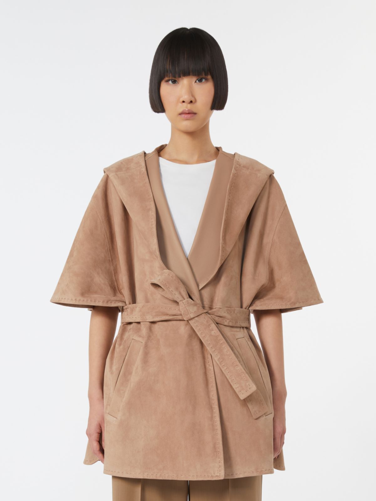 Suede cape with belt - Turtledove