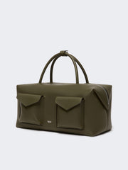 Large leather Boston bag with pockets - Dark brown