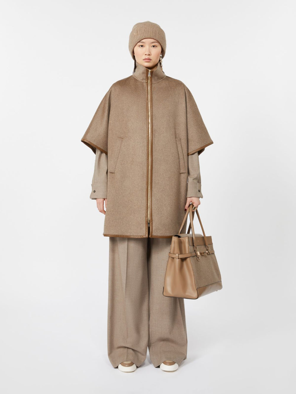 Large cashmere and leather handbag - Brown