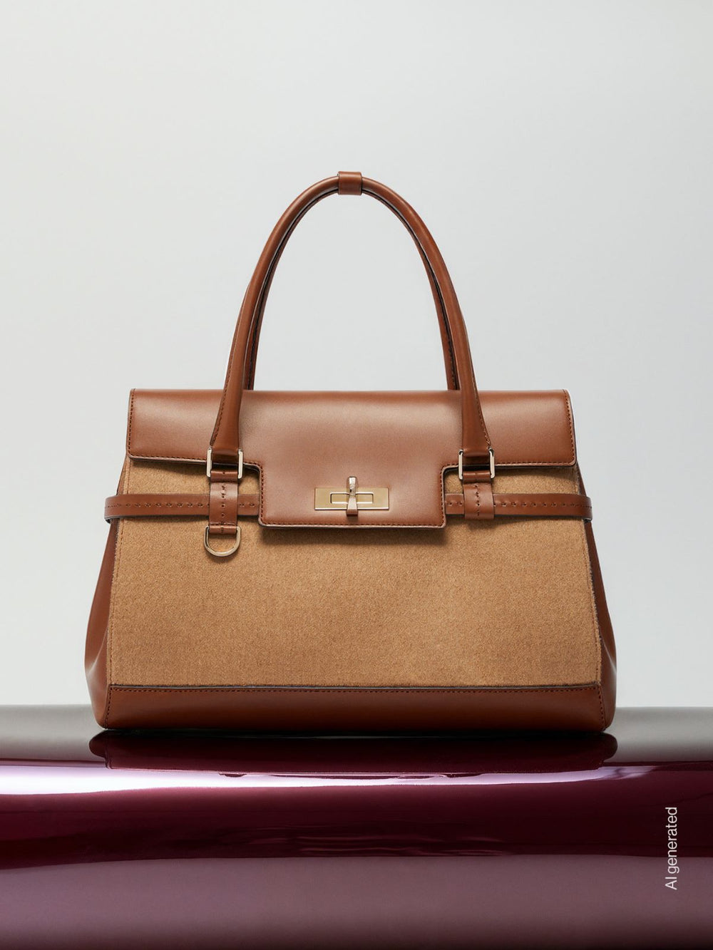 Large cashmere and leather handbag - Brown