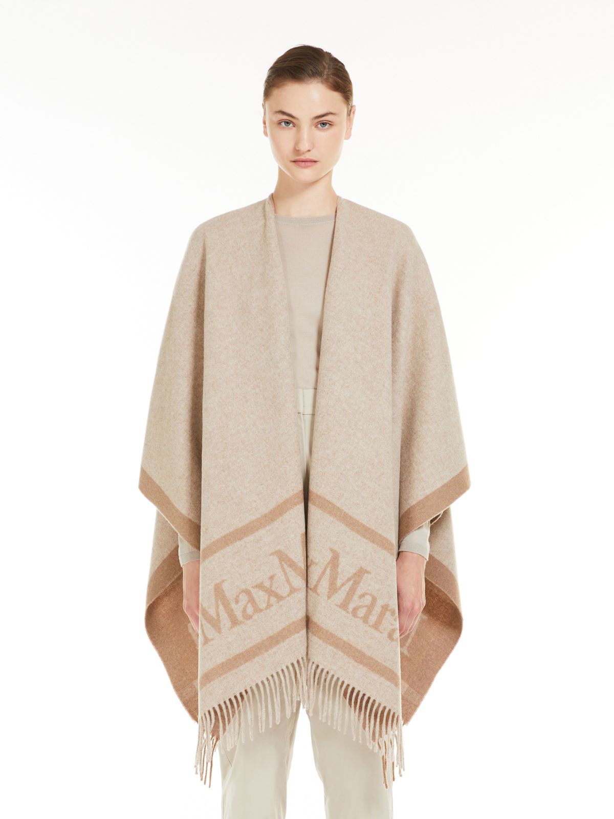 Jacquard wool poncho - Beige
