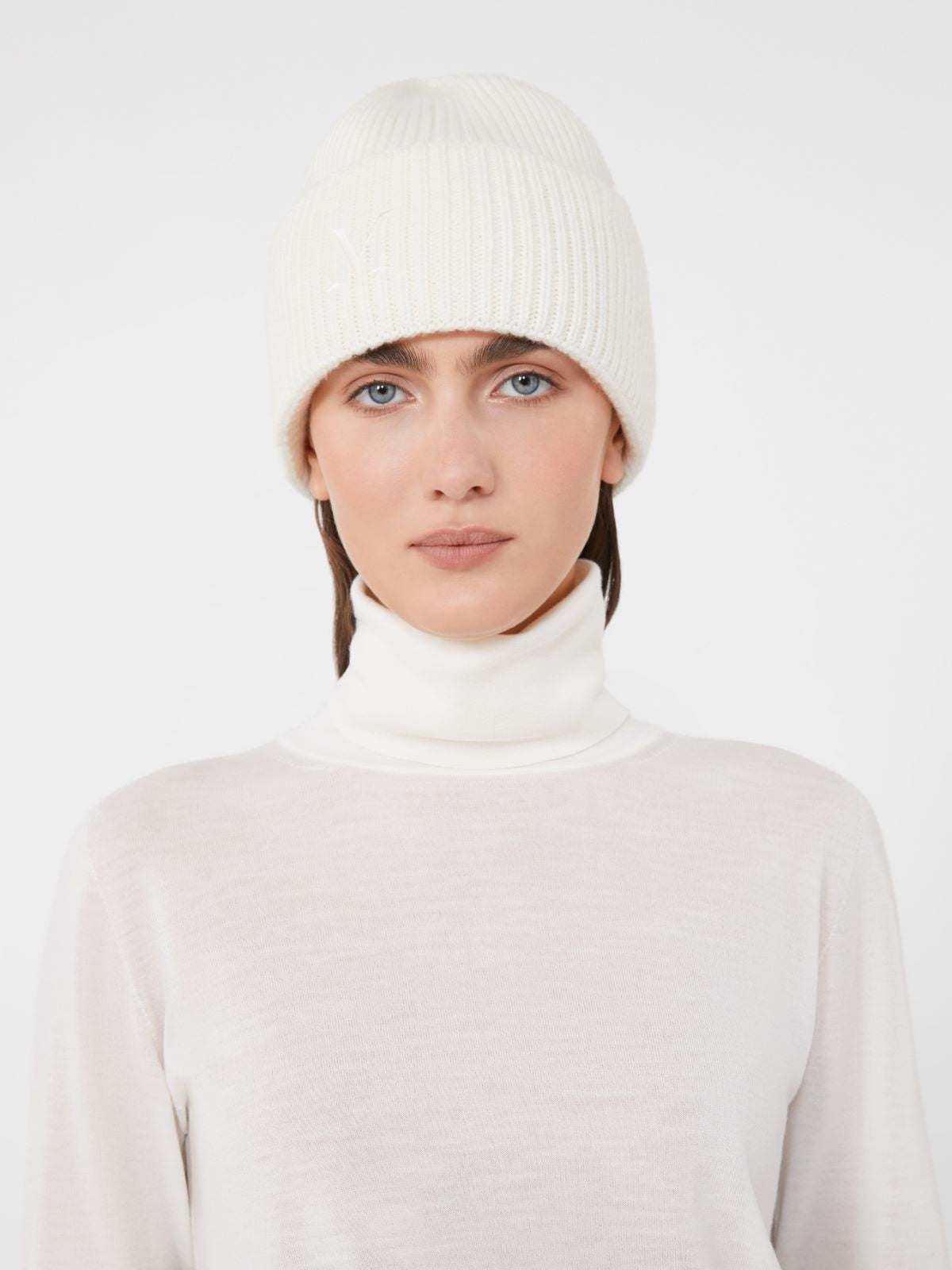 Rib-knit cashmere beanie hat - White