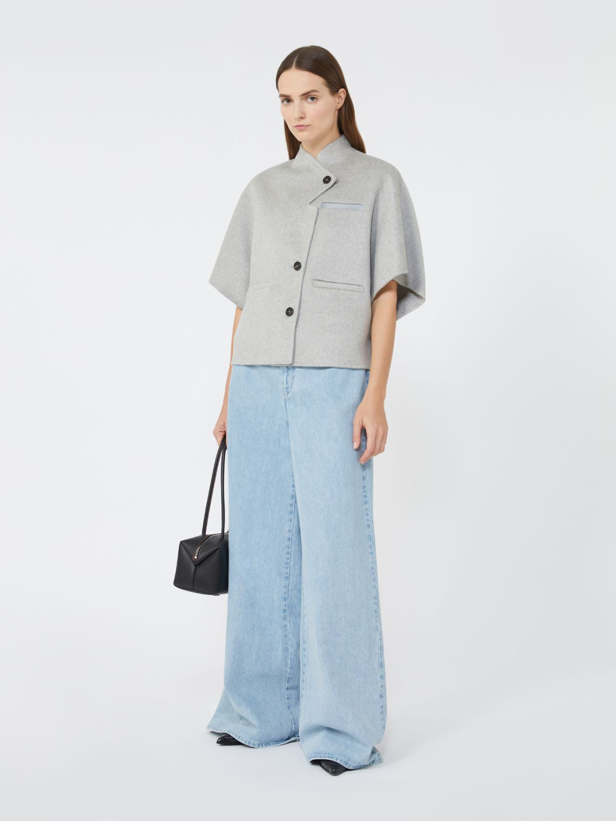 Long cropped cape in cashmere drap - Medium grey