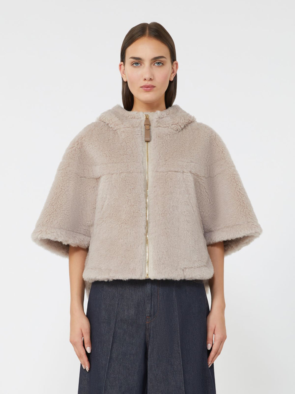 Alpaca and wool Teddy fabric boxy cape - Beige