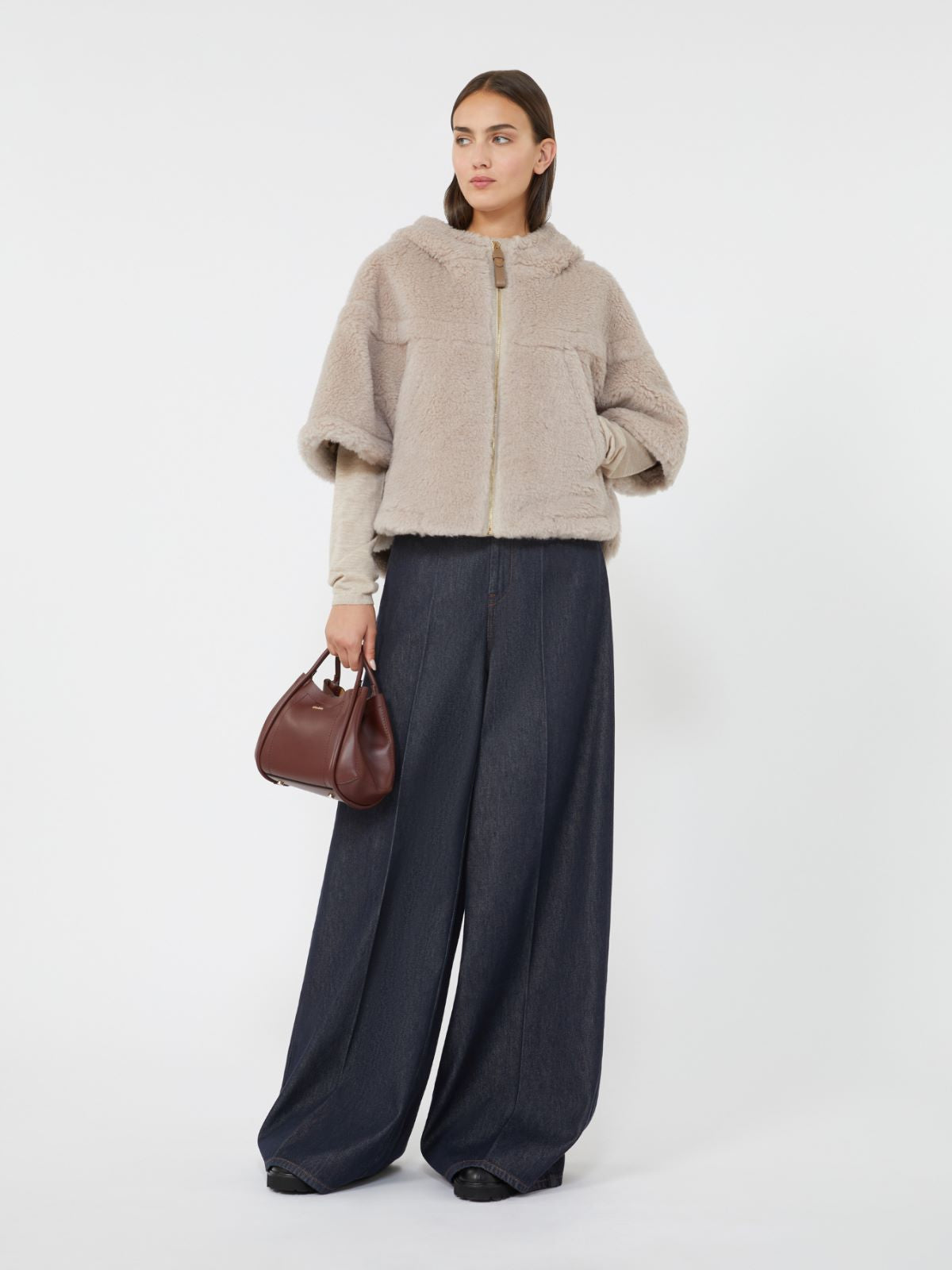 Alpaca and wool Teddy fabric boxy cape - Beige