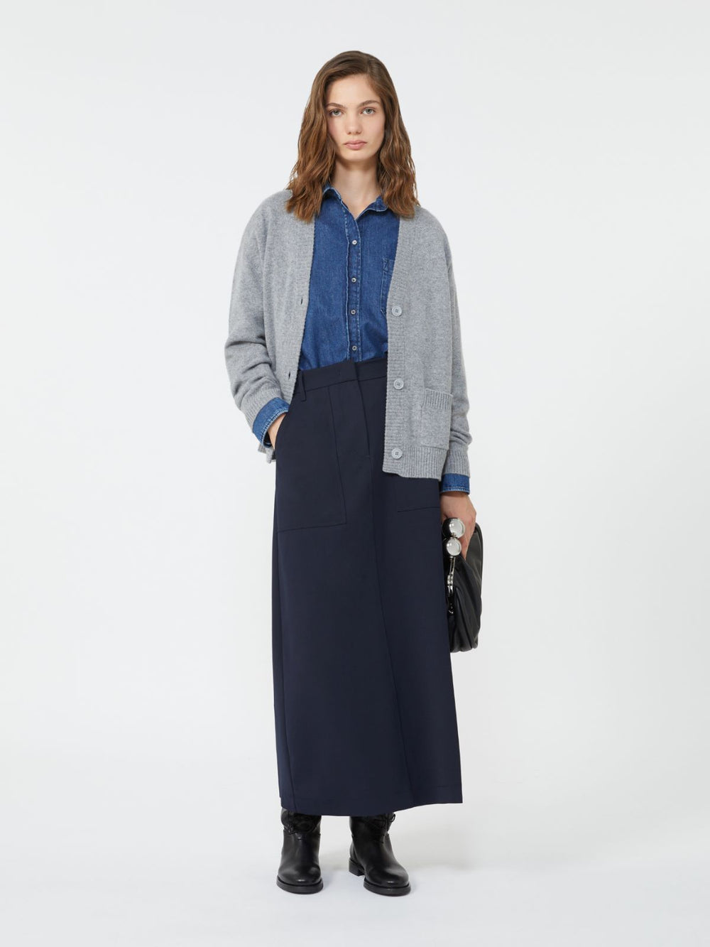 Long wool blend skirt - Navy