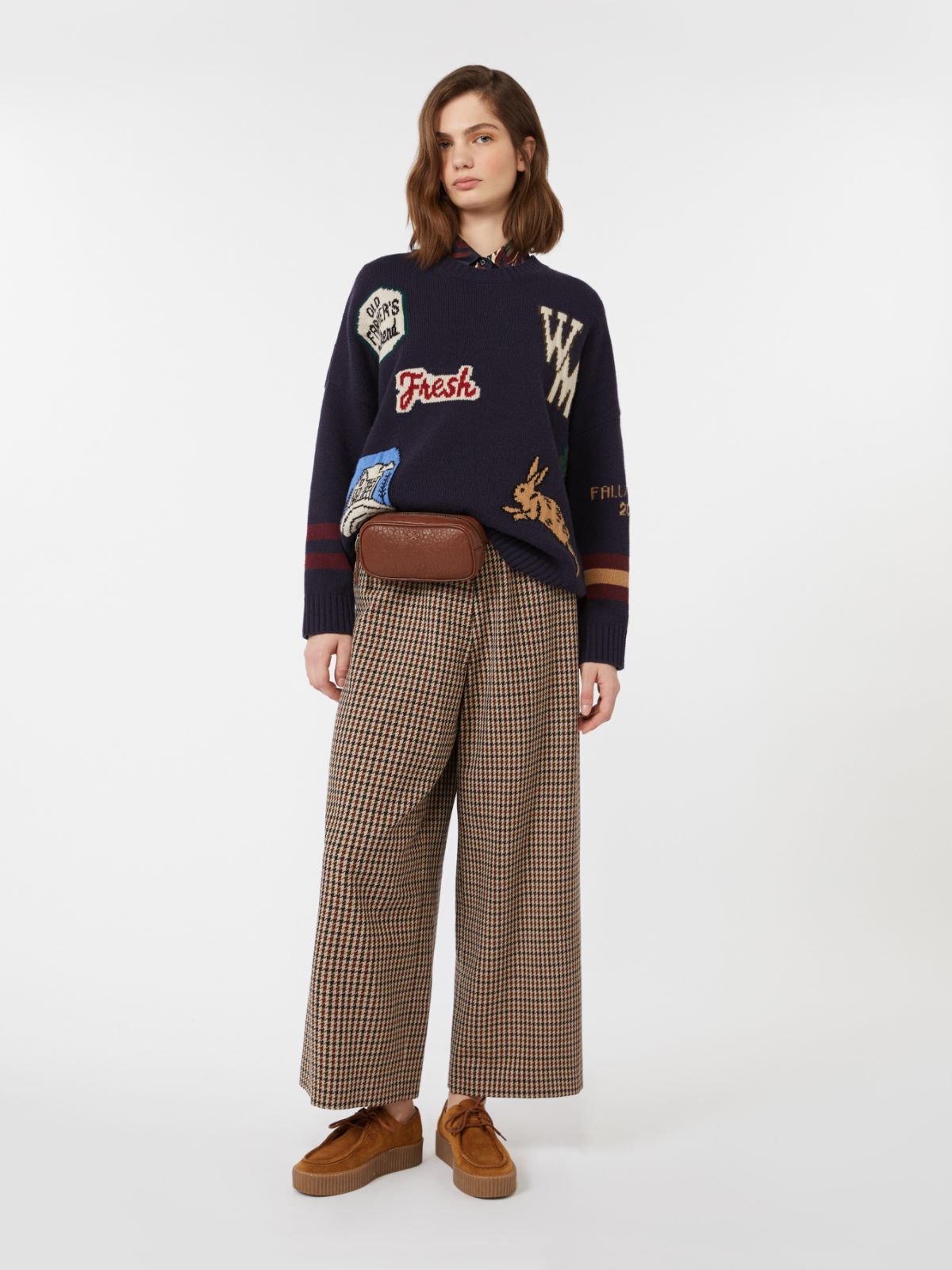 Basketweave wool and cotton trousers - Wine-coloured