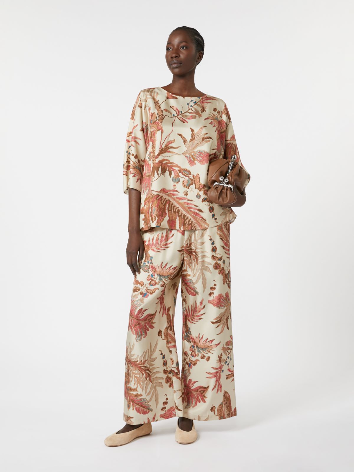 Printed silk twill trousers - Beige