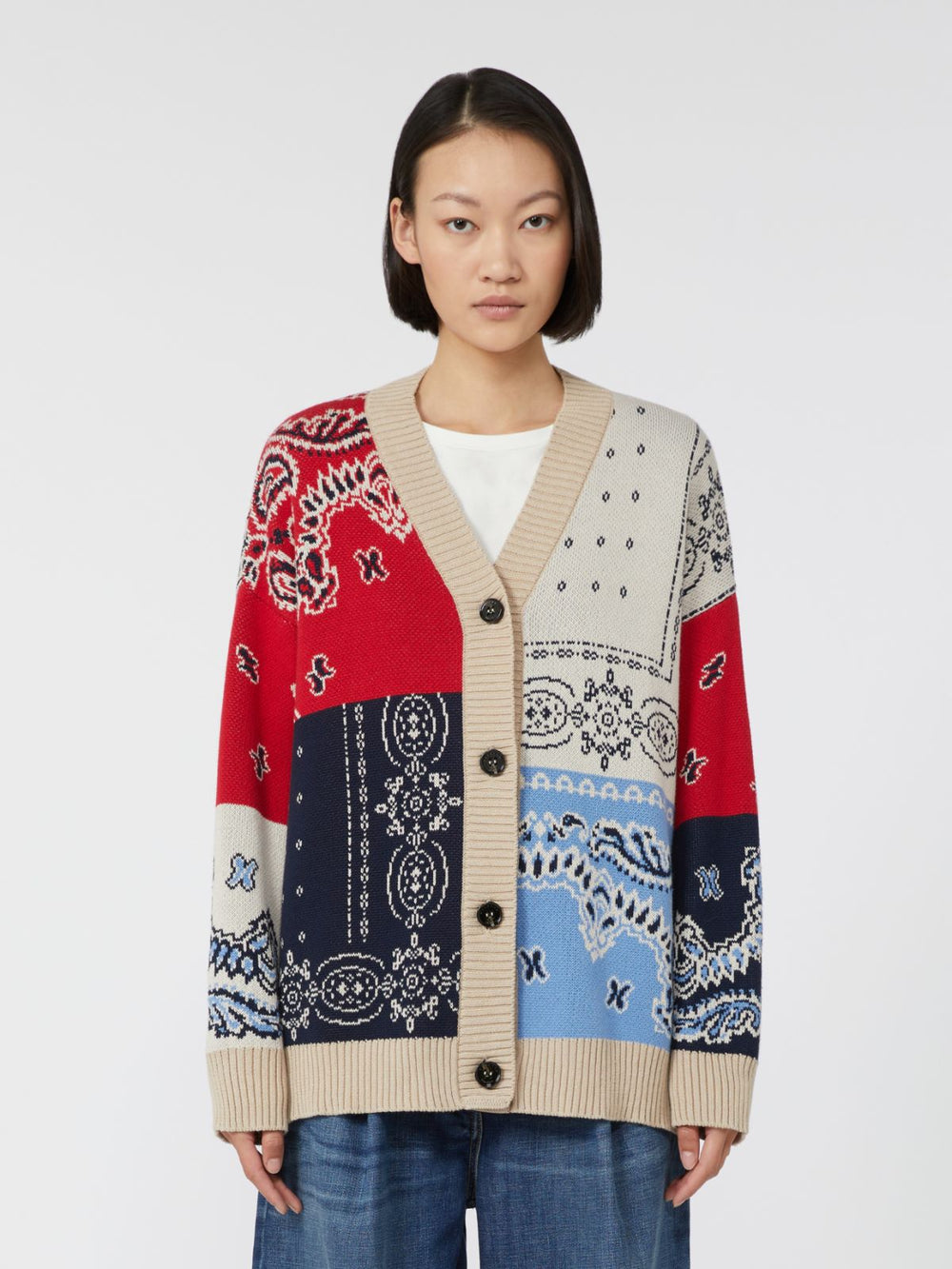 Oversized jacquard yarn cardigan - Navy
