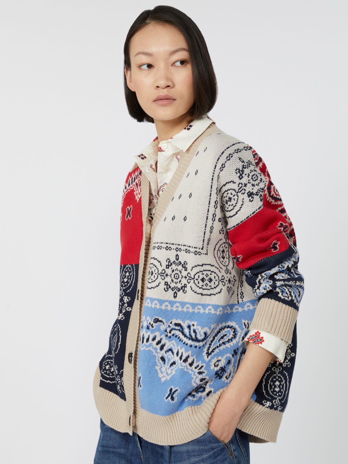 Oversized jacquard yarn cardigan - Navy