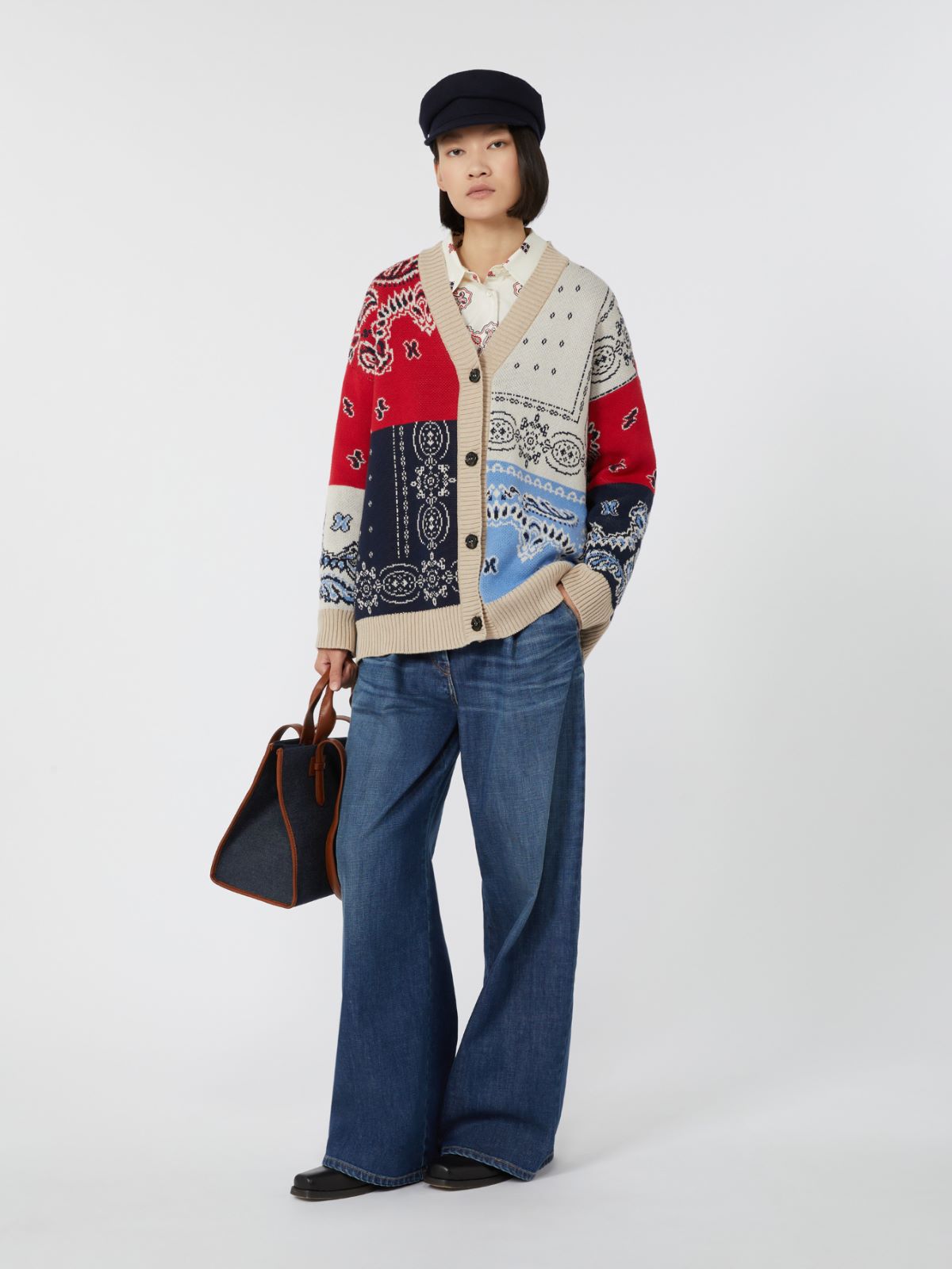 Oversized jacquard yarn cardigan - Navy