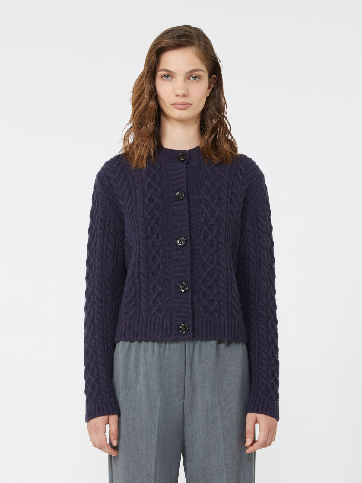 Wool knit crew-neck cardigan - Navy