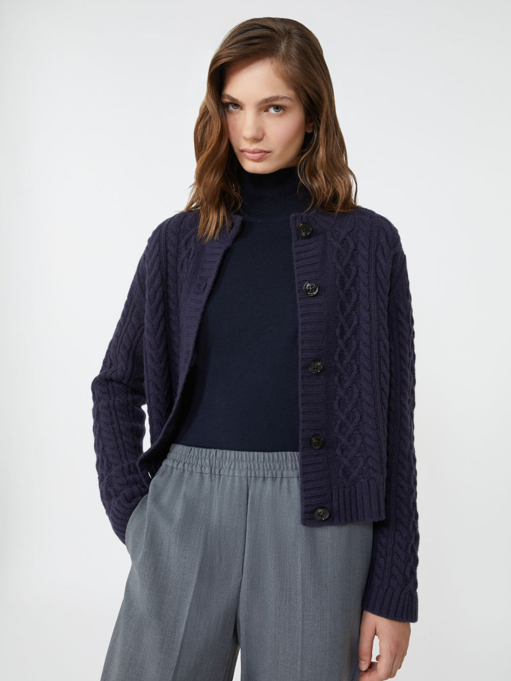 Wool knit crew-neck cardigan - Navy