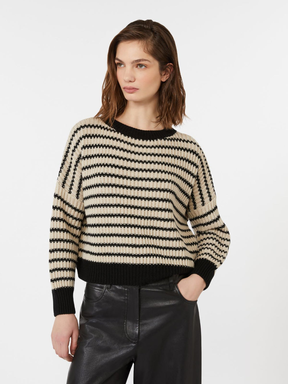 Cropped wool knit jumper - Beige