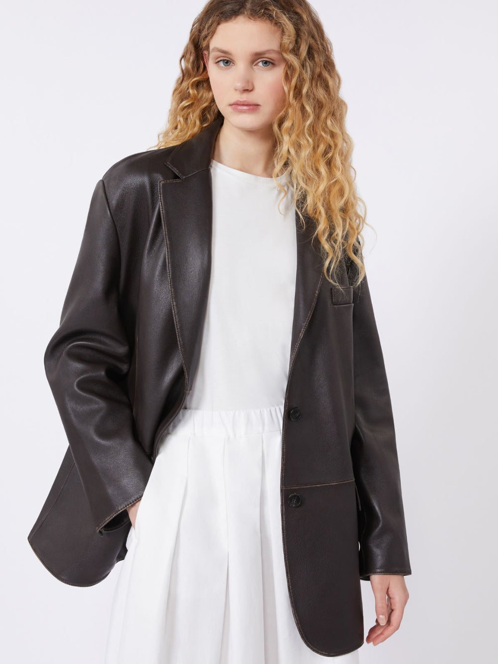 Oversized leather blazer - Brown