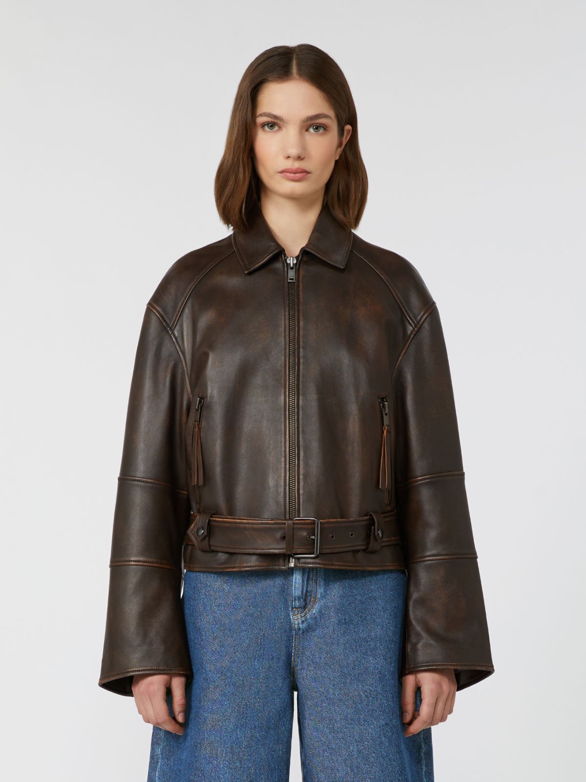 Nappa leather biker jacket - Dark brown