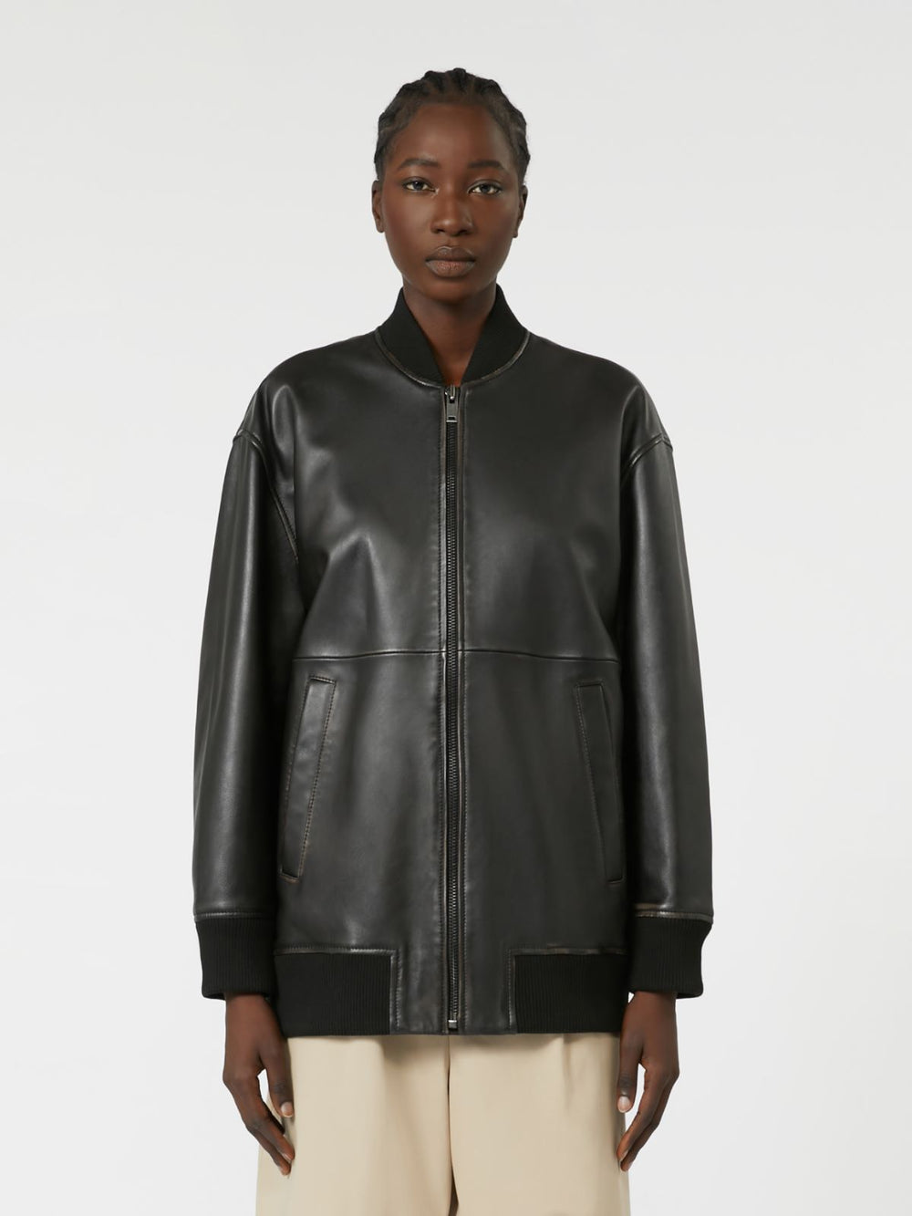 Long Nappa leather bomber jacket - Black