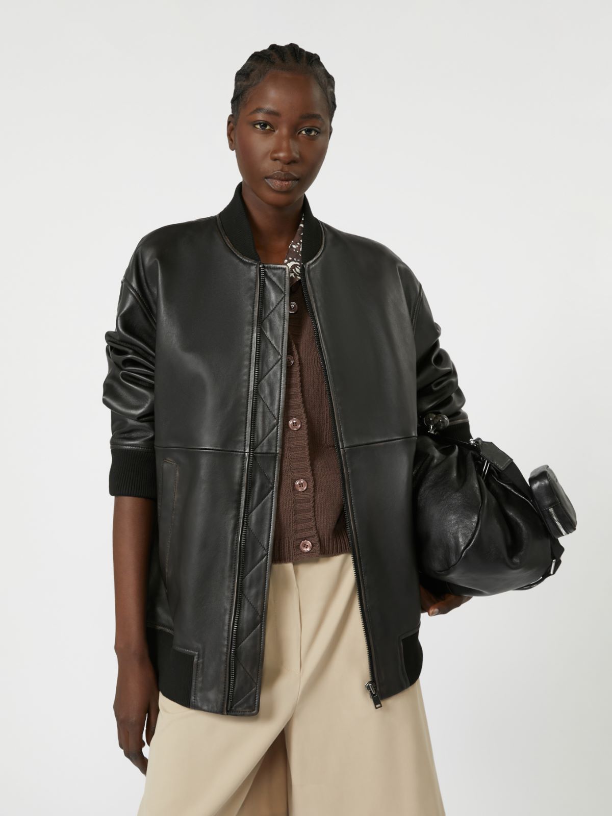 Long Nappa leather bomber jacket - Black