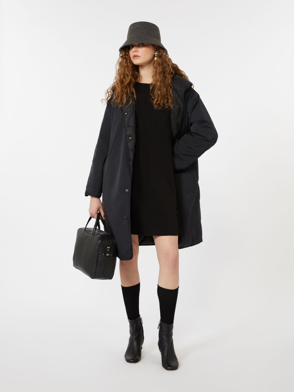 Reversible robe coat in water-repellent twill - Black