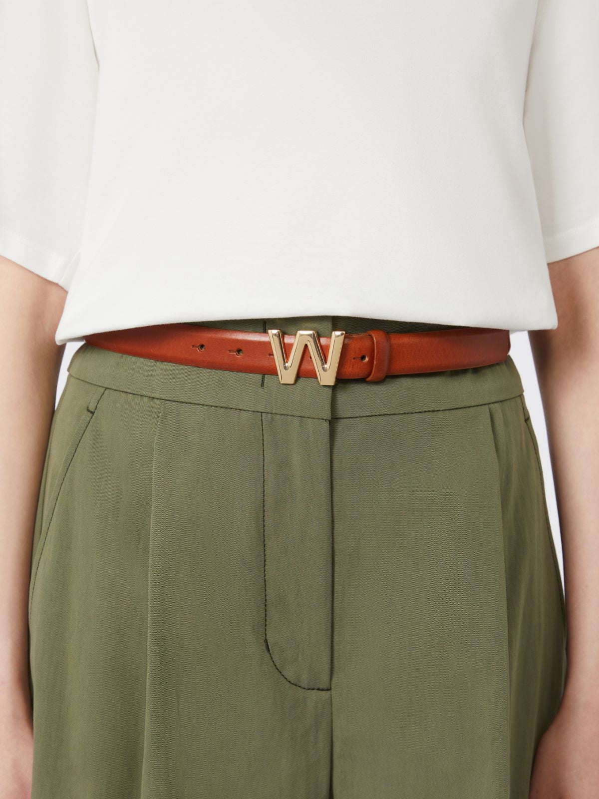 Leather belt with logo buckle - Tobacco