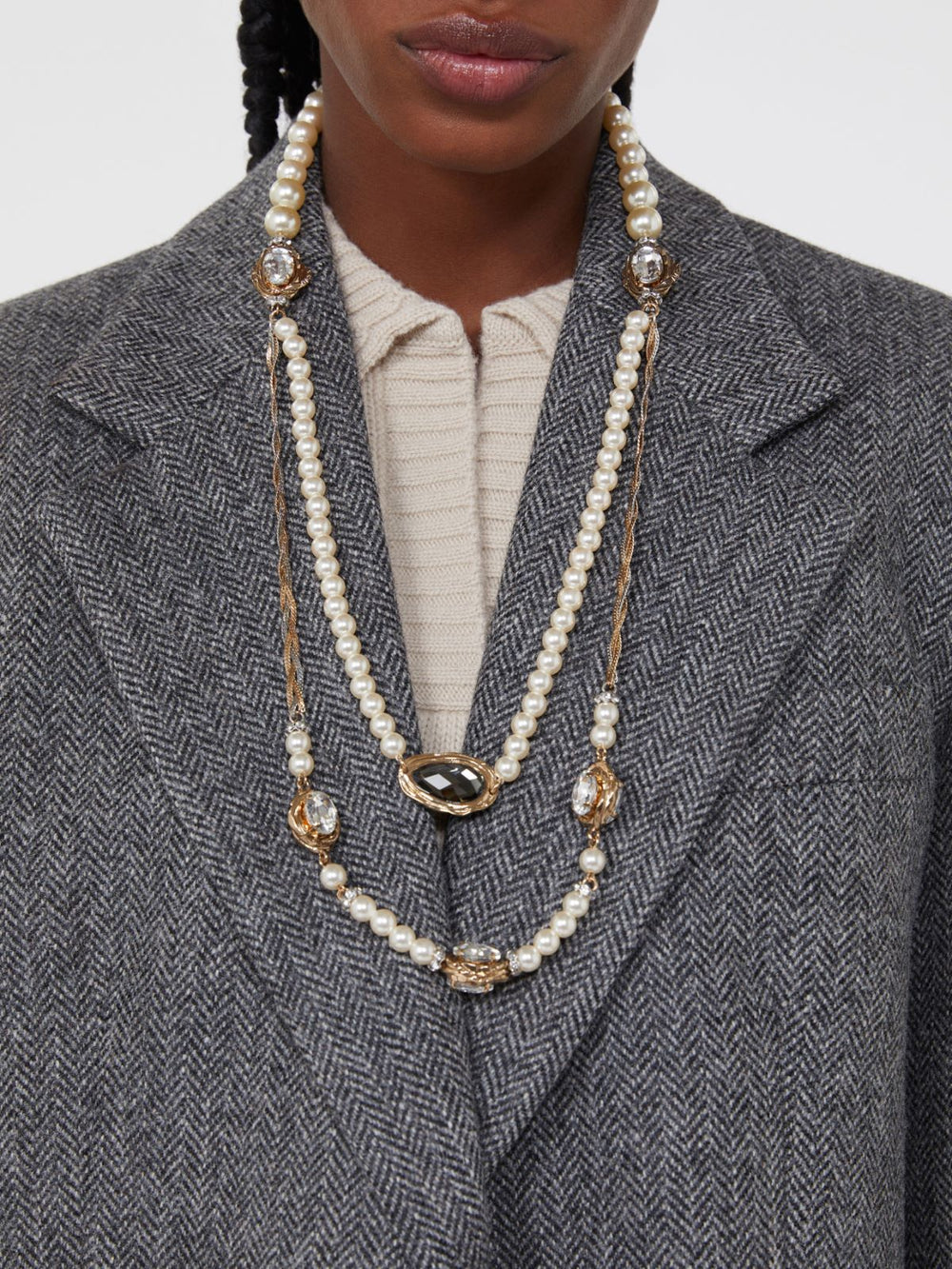 Pearl and rhinestone-adorned necklace - Optical white