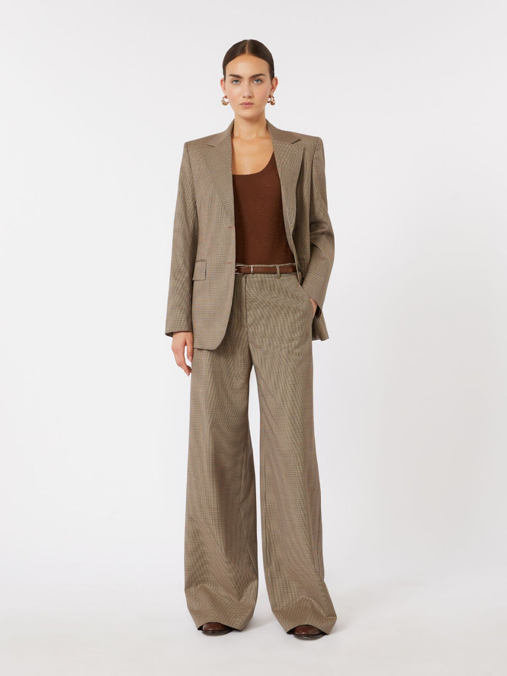Patterned wool wide-leg trousers - Caramel