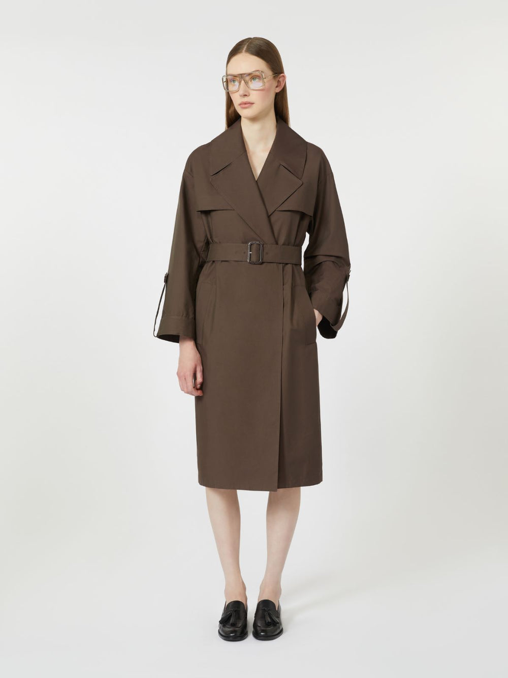 Belted water-repellent twill trench coat - Chocolate