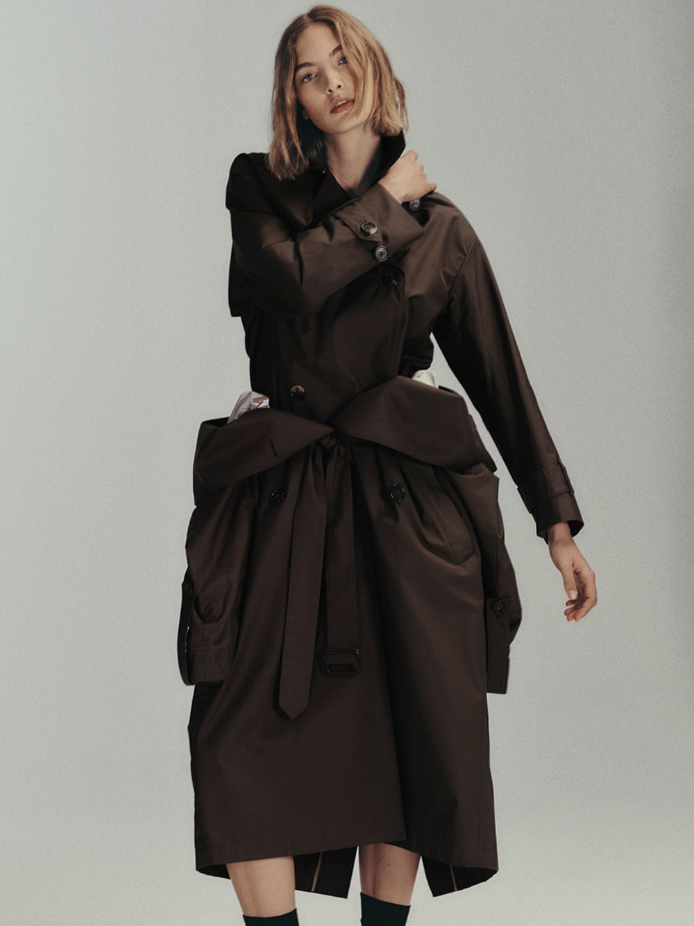 Water-repellent twill belted trench coat - Green