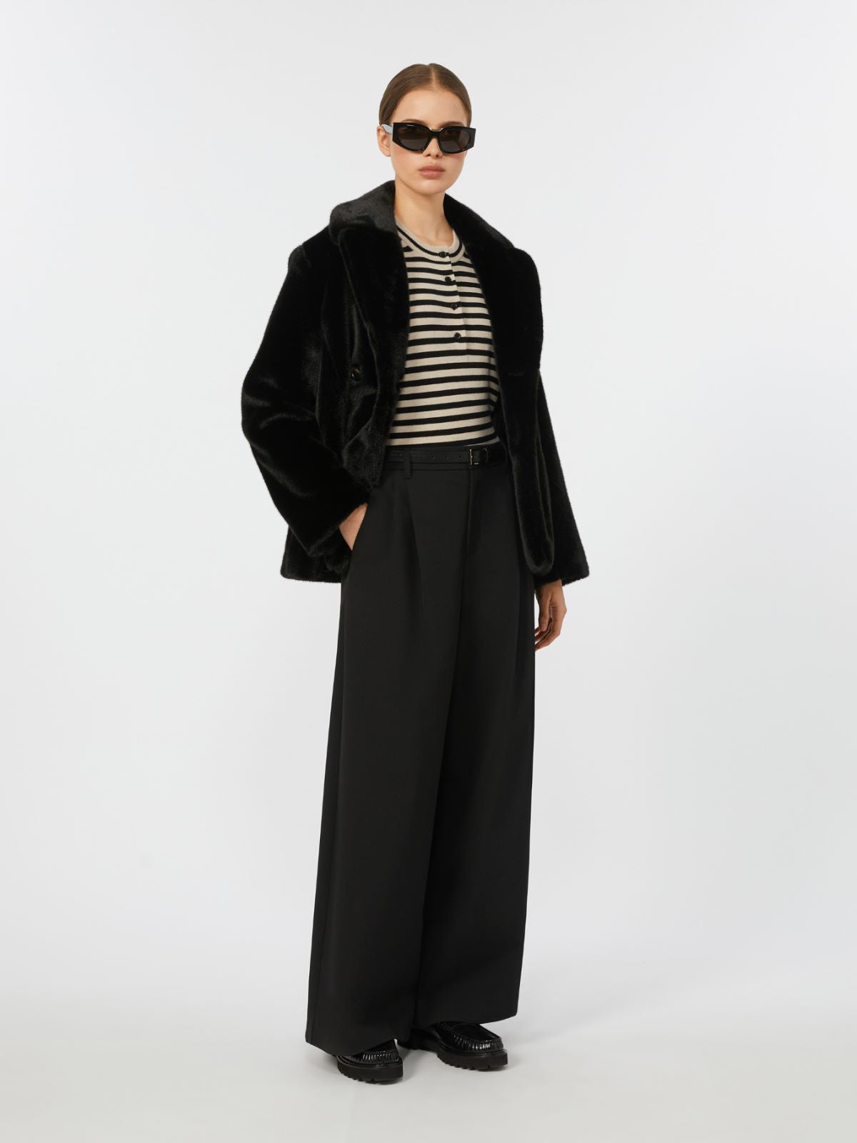 Wide-fit stretch gabardine trousers - Black