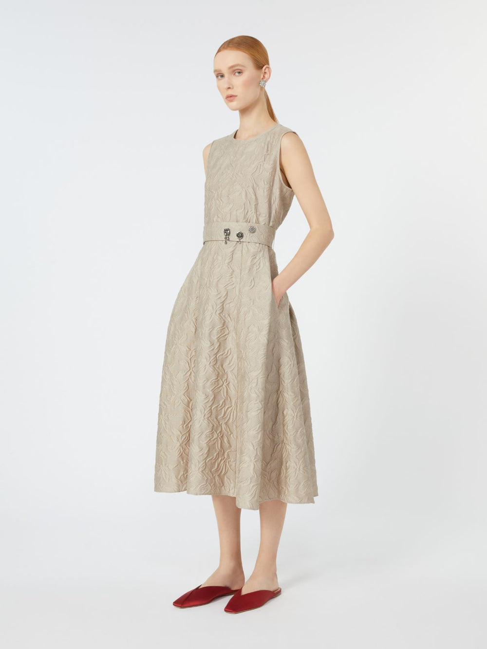 Belted jacquard dress - Beige