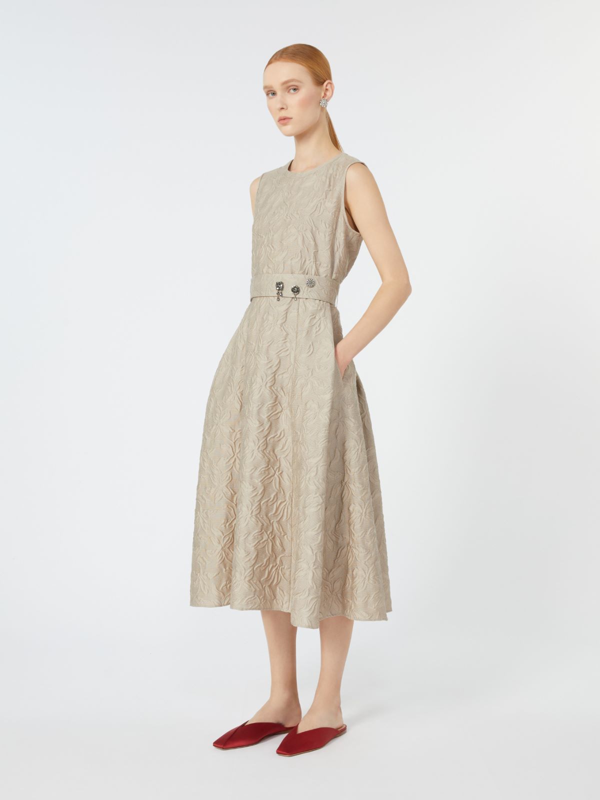 Belted jacquard dress - Beige